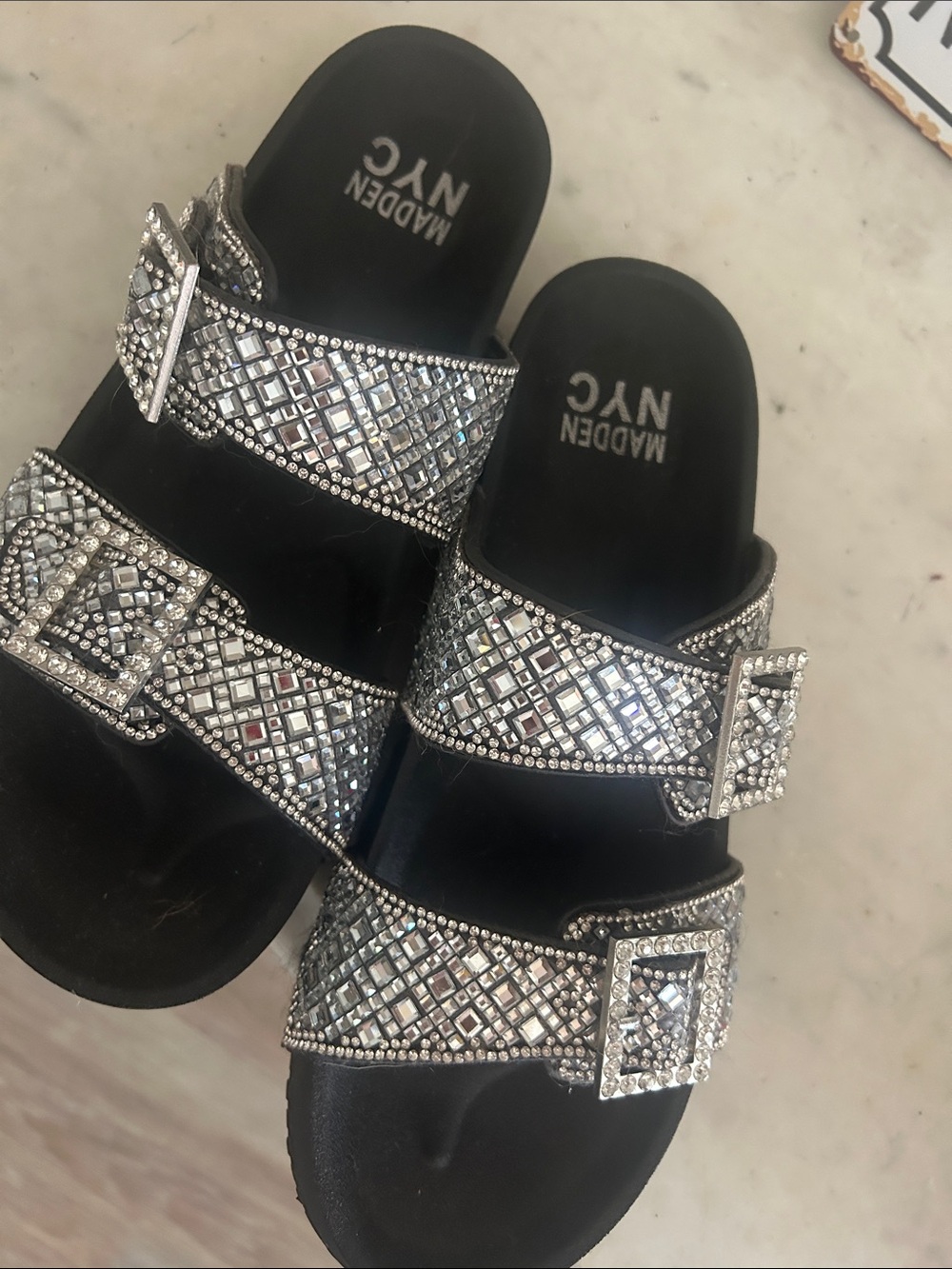 Silver Embellished Buckle Slide Sandals